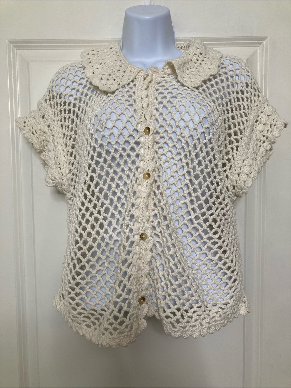 Free People Lily Open Crochet Top Coconut Milk Cotton Button Collared Boho Sz S